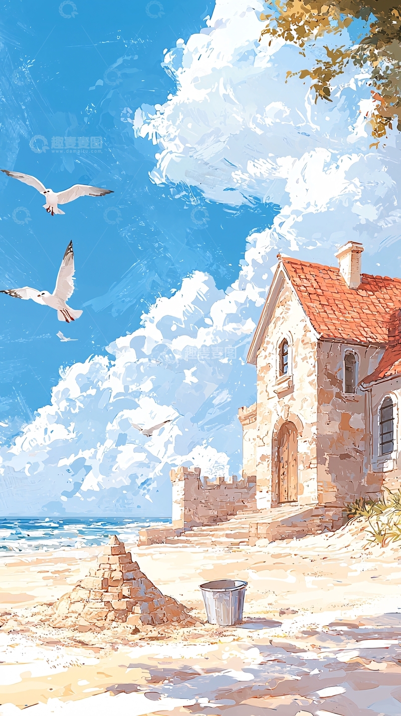 高清大图下载【趣麦麦图】海边小屋与海鸥