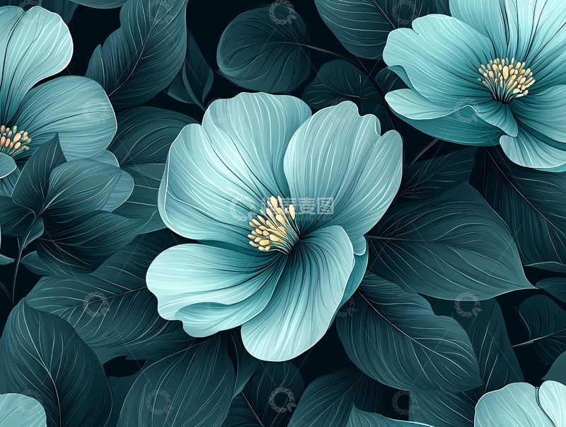 高清大图下载【趣麦麦图】青色花卉与深绿叶子背景