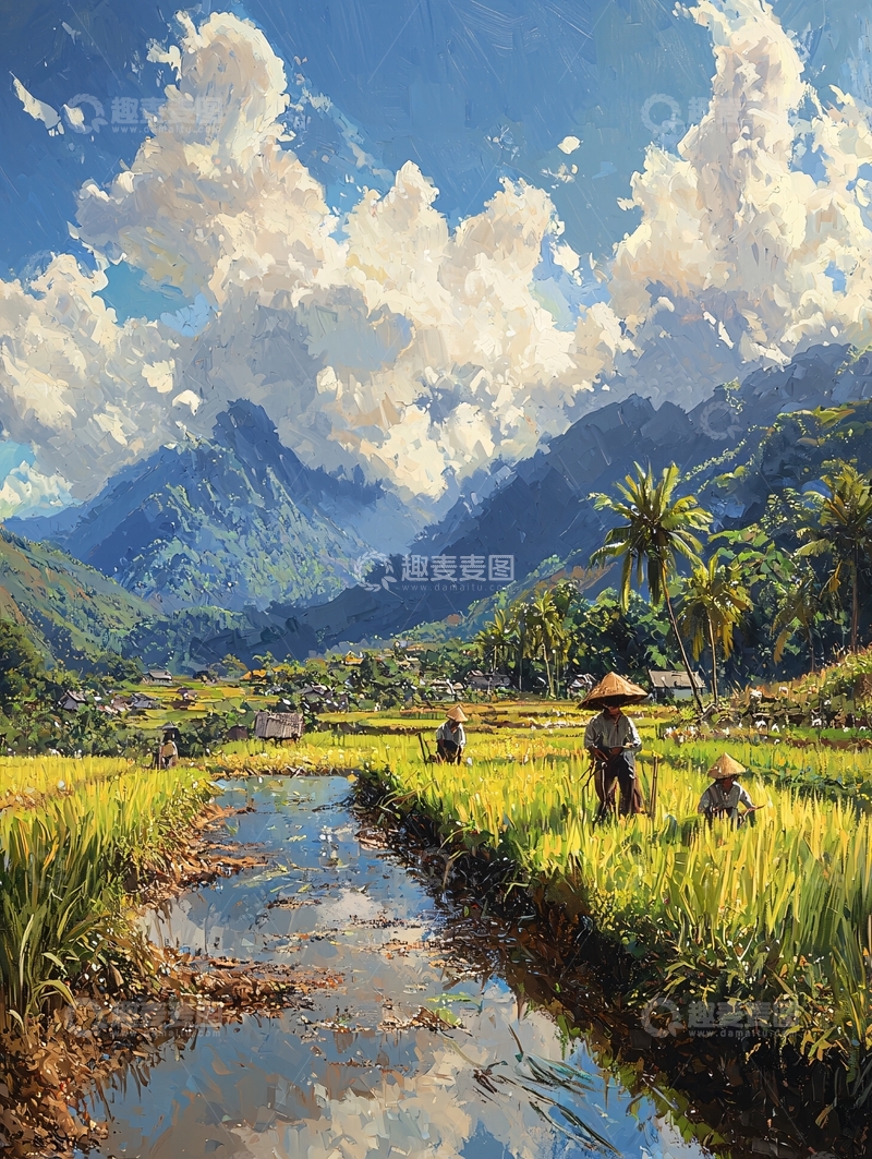高清大图下载【趣麦麦图】稻田劳作的乡村风景