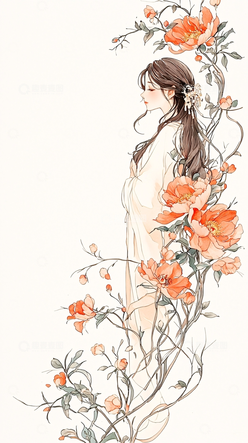 高清大图下载【趣麦麦图】花间女子插画素材