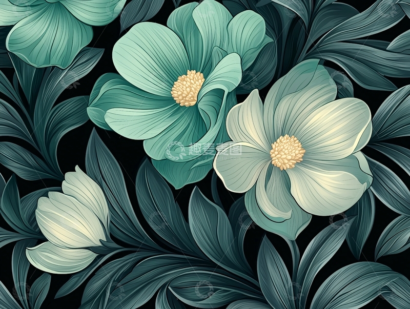 高清大图下载【趣麦麦图】青绿色花卉图案背景素材