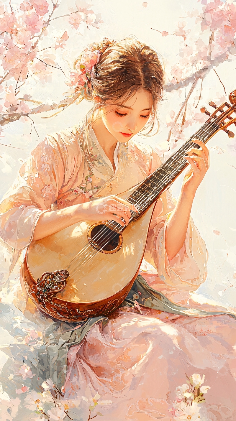 高清大图下载【趣麦麦图】樱花下的古筝少女