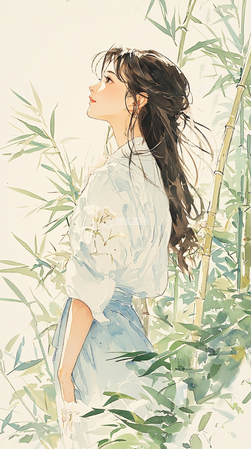 高清大图下载【趣麦麦图】竹林中的少女