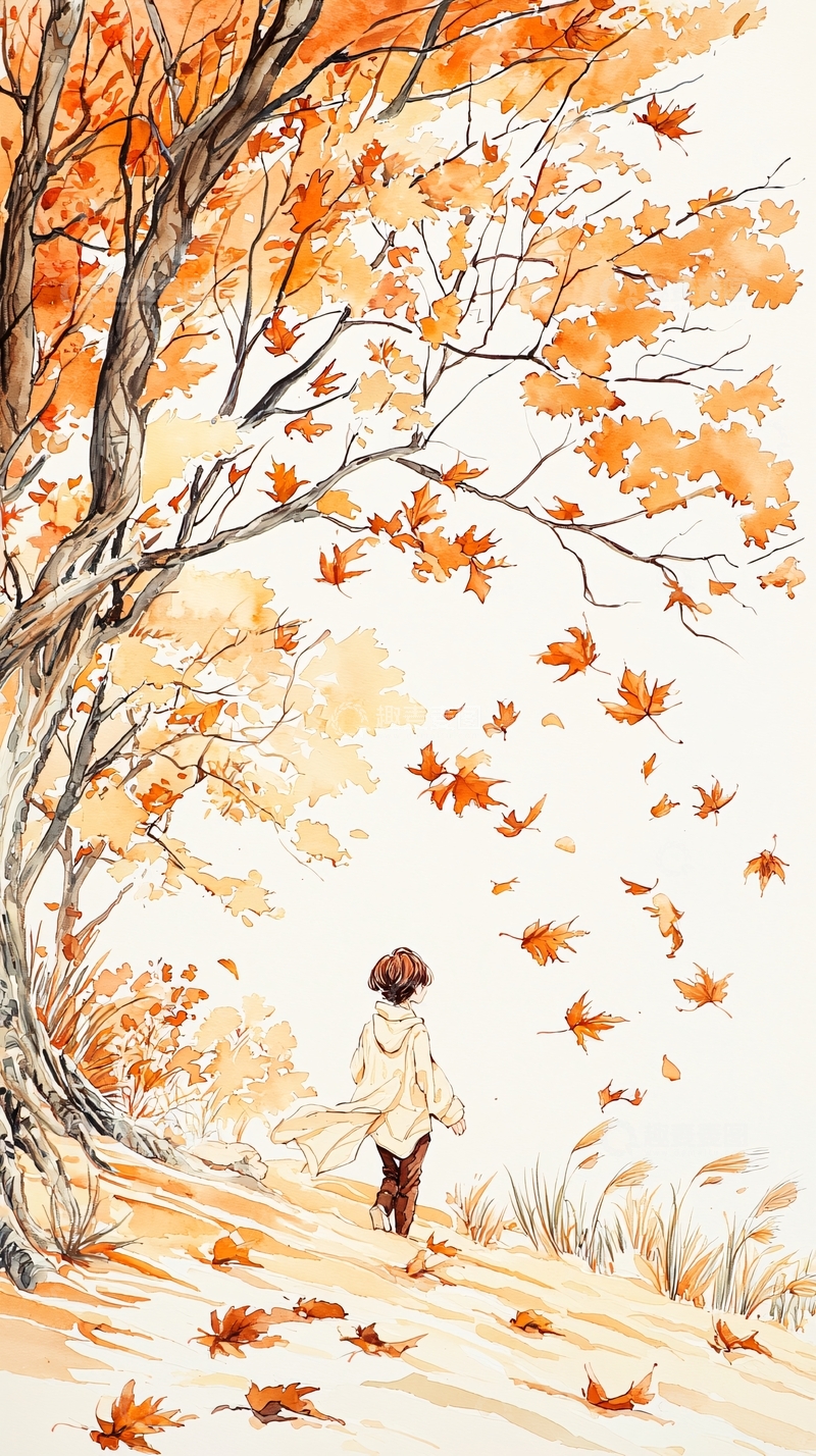 高清大图下载【趣麦麦图】秋日落叶下的背影