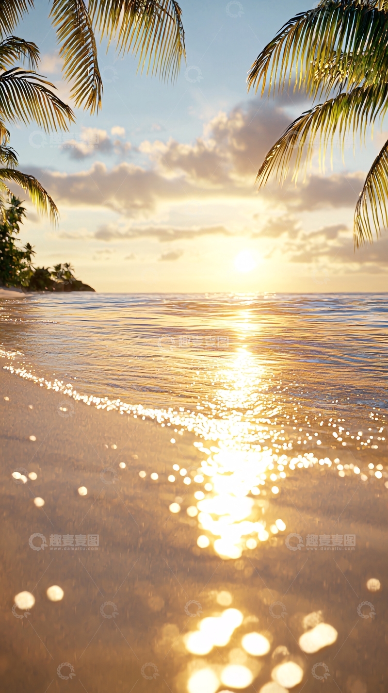 高清大图下载【趣麦麦图】夕阳海滩椰树沙滩