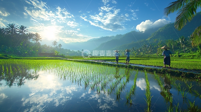 高清大图下载【趣麦麦图】稻田劳作的宁静早晨
