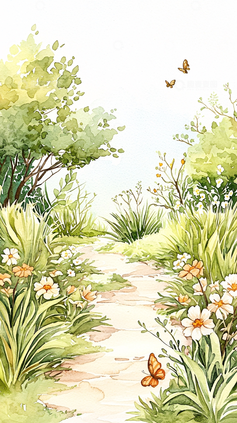 高清大图下载【趣麦麦图】春天花园小径蝴蝶