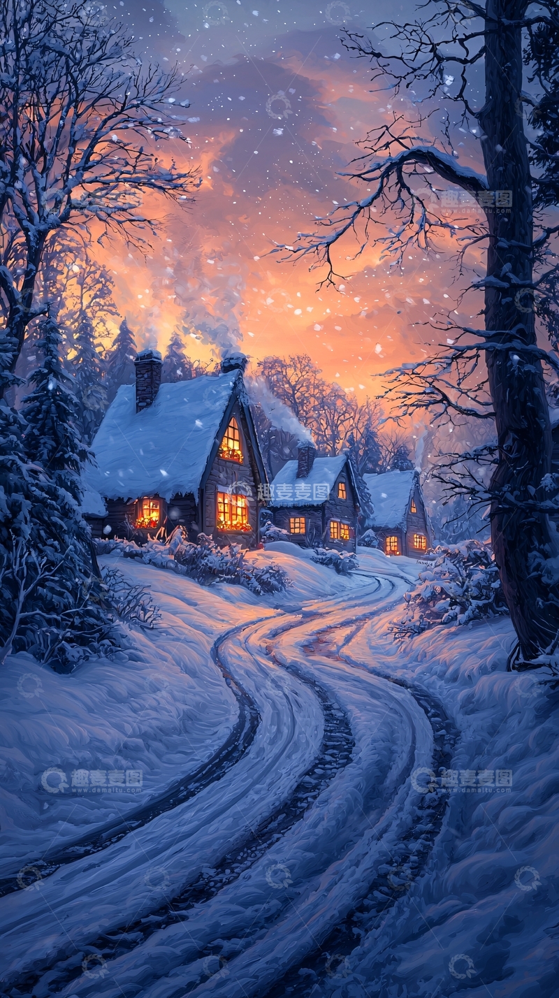 高清大图下载【趣麦麦图】冬夜雪景中的小屋