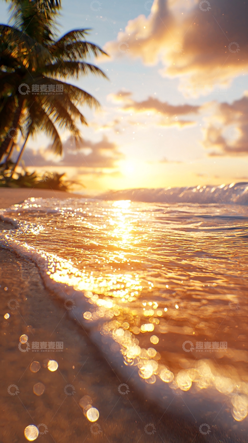 高清大图下载【趣麦麦图】金色海滩日落海浪沙滩