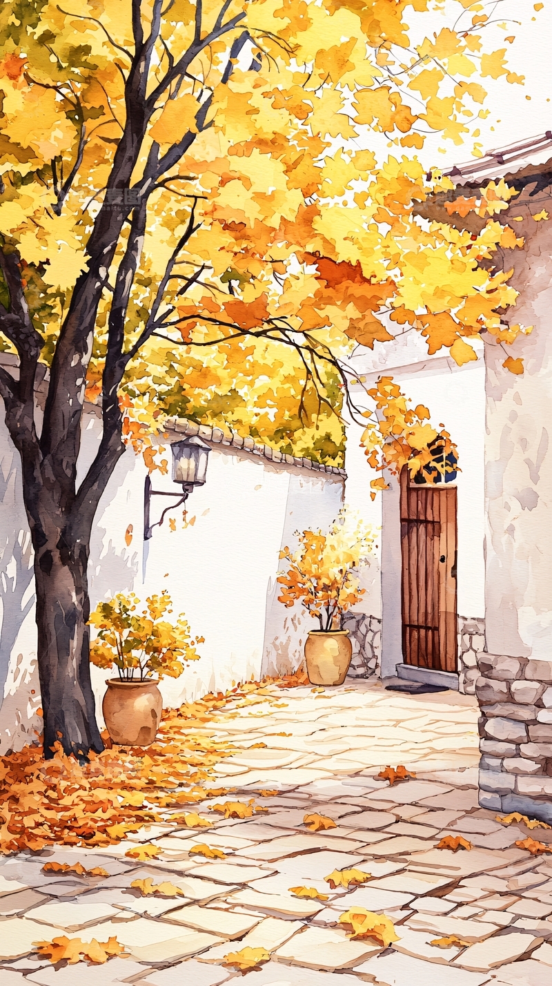 高清大图下载【趣麦麦图】秋日庭院落叶风景