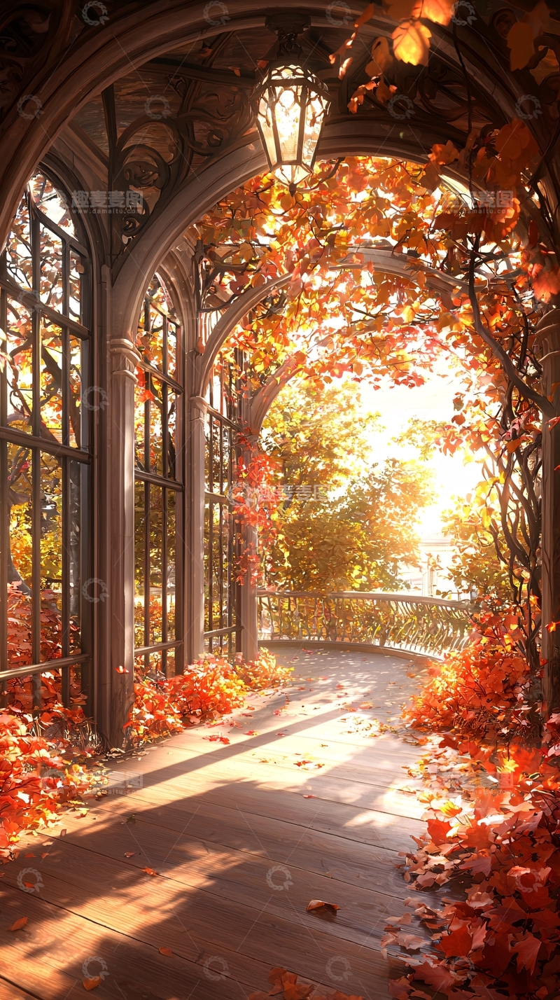 高清大图下载【趣麦麦图】秋日花园廊桥
