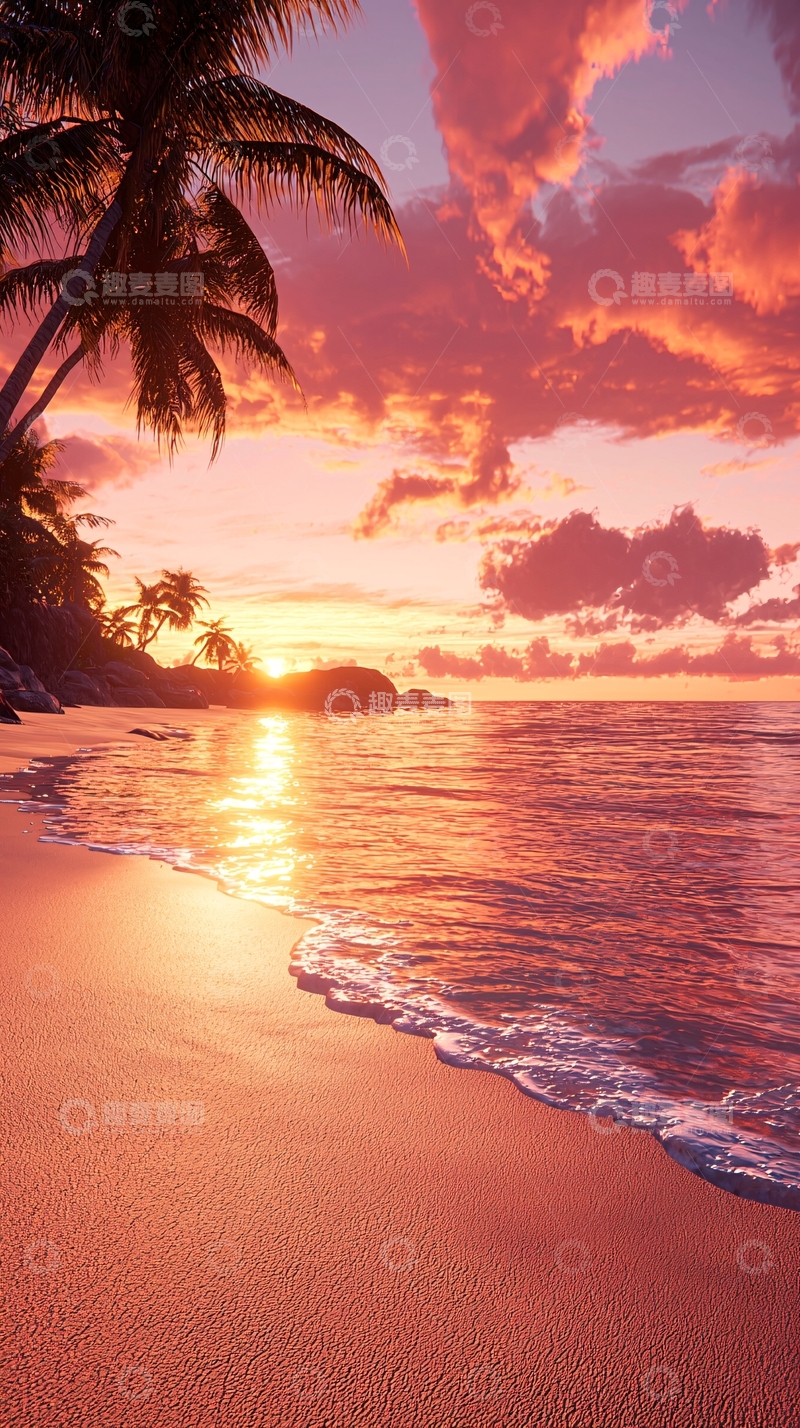 高清大图下载【趣麦麦图】日落海滩椰树风景