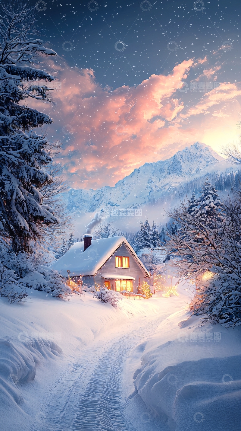 高清大图下载【趣麦麦图】冬日雪景中的温馨小屋