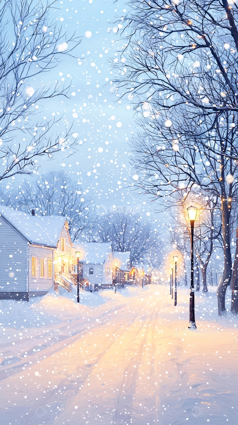 高清大图下载【趣麦麦图】冬日雪景街道灯火阑珊