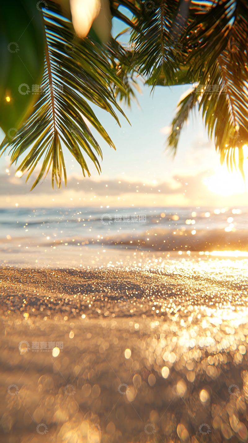 高清大图下载【趣麦麦图】金色海滩日落椰树