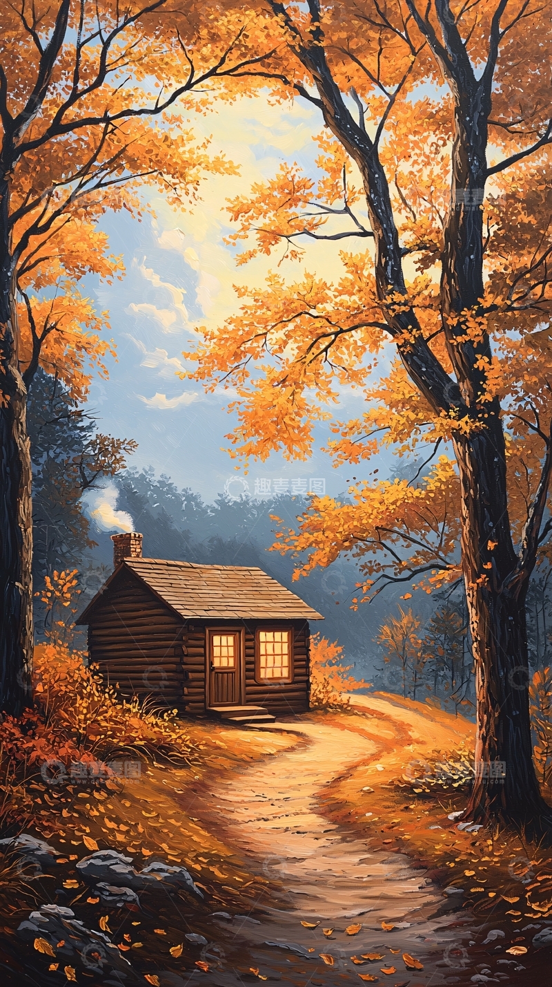 高清大图下载【趣麦麦图】秋日森林中的小木屋