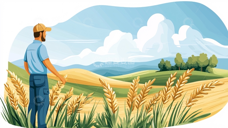 高清大图下载【趣麦麦图】农民在麦田中观察风景