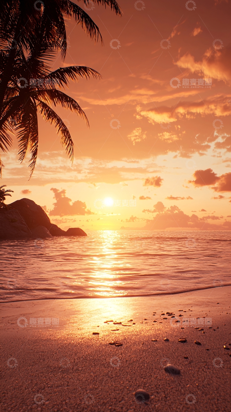 高清大图下载【趣麦麦图】日落海滩椰树风景