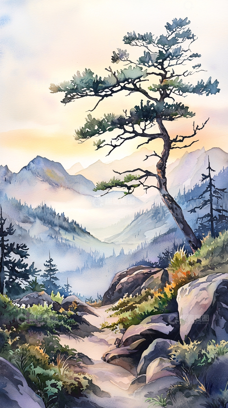 高清大图下载【趣麦麦图】晨雾中的松树与山景