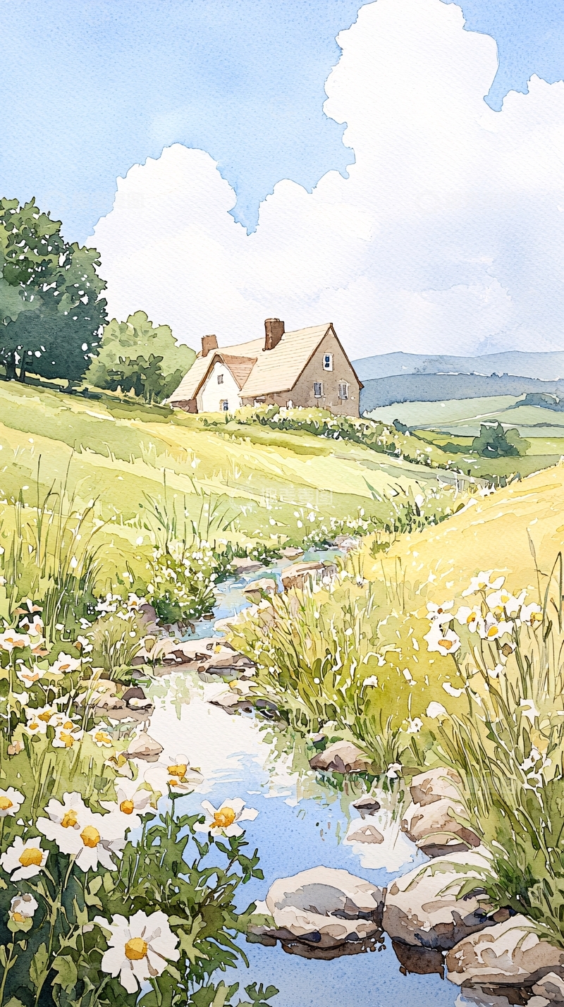 高清大图下载【趣麦麦图】田园风光小屋溪流