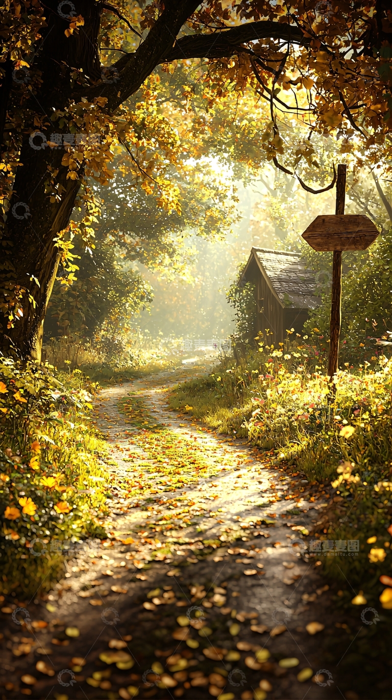 高清大图下载【趣麦麦图】秋日小径上的木牌