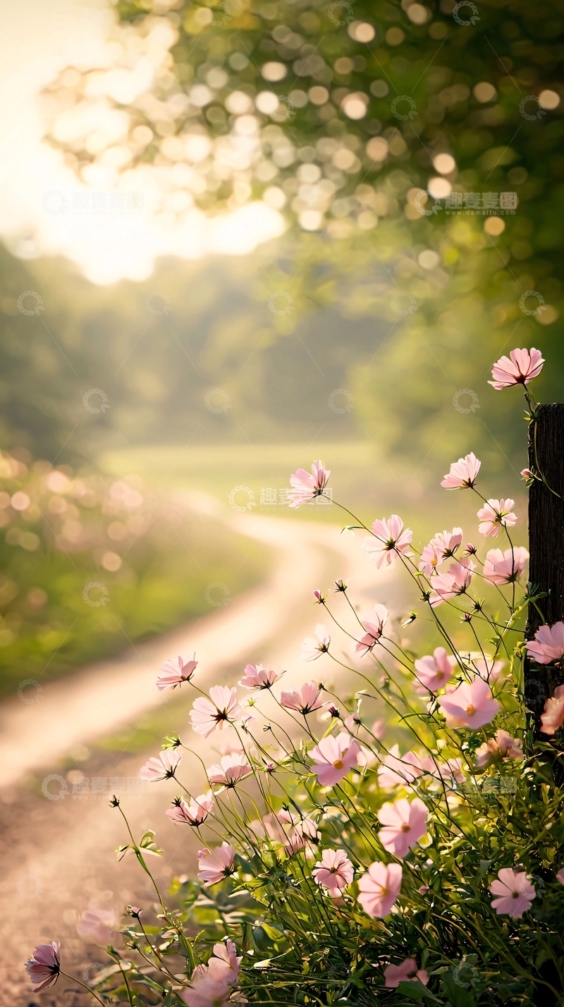 高清大图下载【趣麦麦图】晨光中的粉色花朵与小径