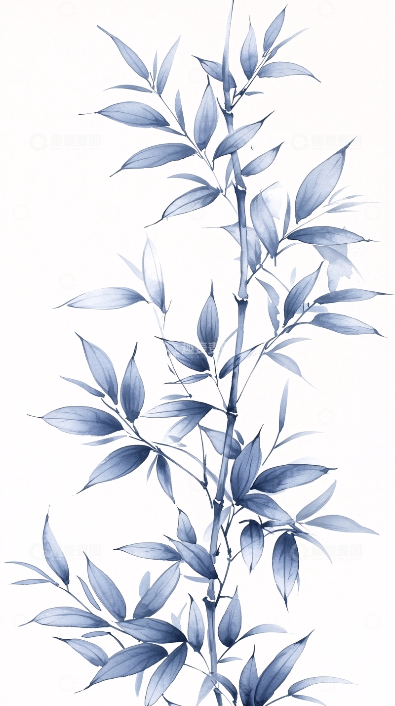 高清大图下载【趣麦麦图】蓝调竹枝植物插画素材