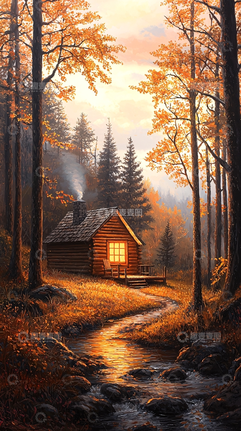 高清大图下载【趣麦麦图】秋日森林中的小木屋