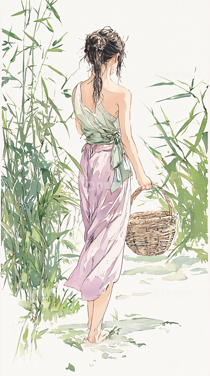 高清大图下载【趣麦麦图】田园女子背影插画