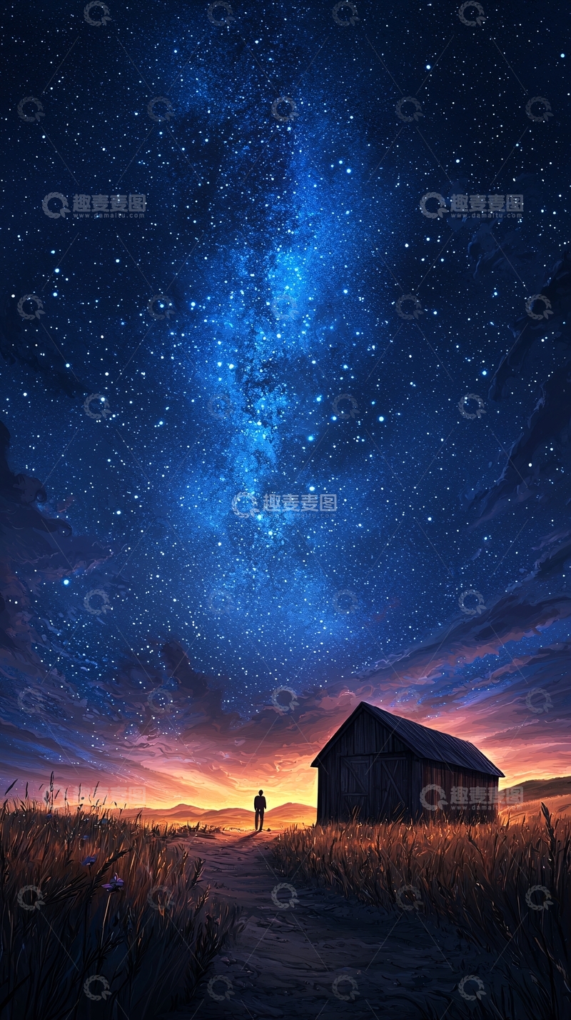 高清大图下载【趣麦麦图】夜空下的小屋与孤独旅人