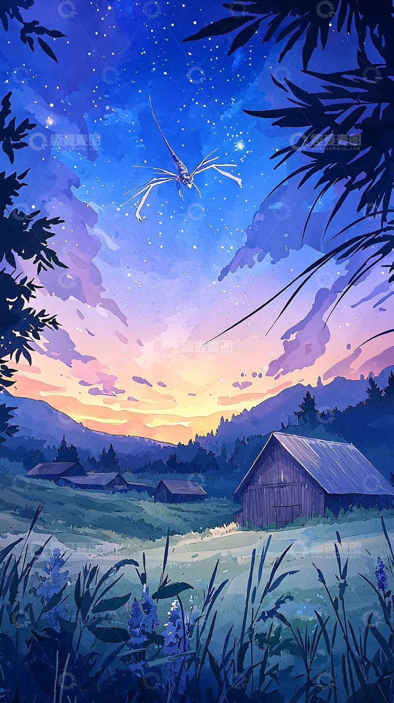 高清大图下载【趣麦麦图】梦幻夜空下的乡村风景