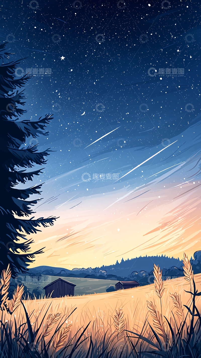 高清大图下载【趣麦麦图】夜空下的乡村田野