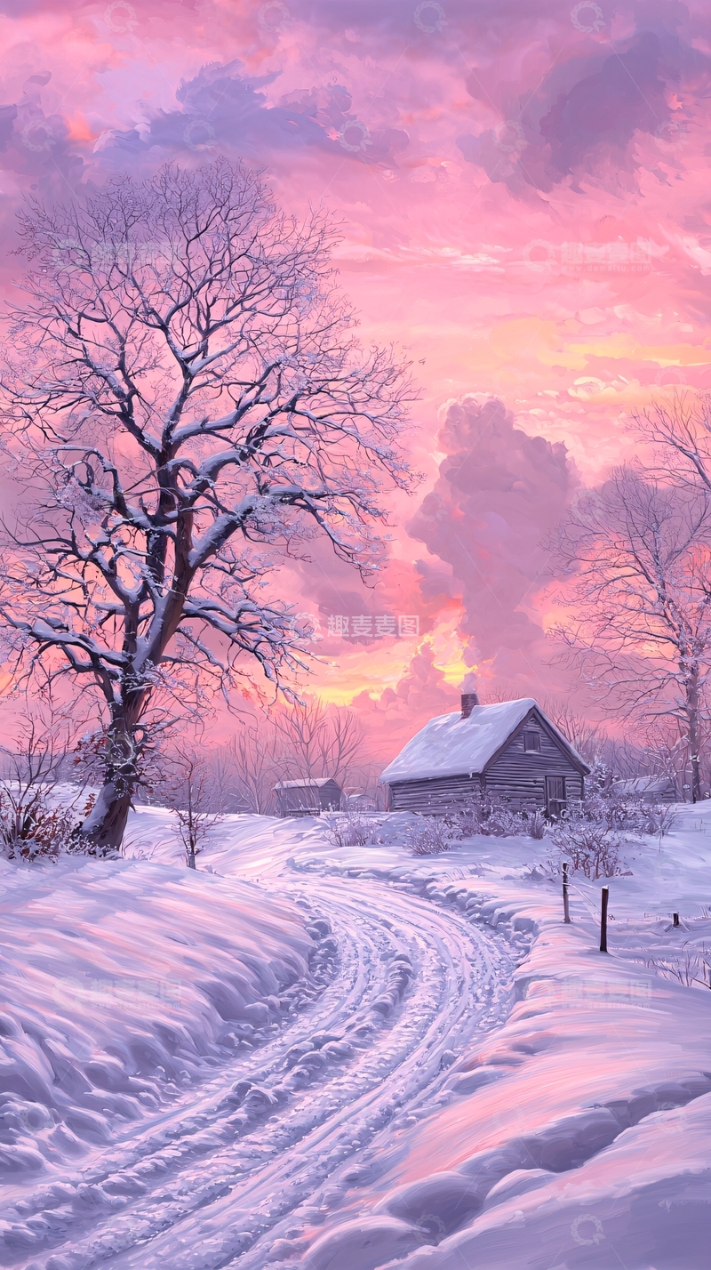高清大图下载【趣麦麦图】冬日雪景中的小屋