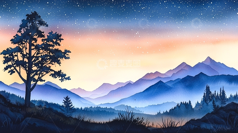 高清大图下载【趣麦麦图】夜空下的山峦与孤树