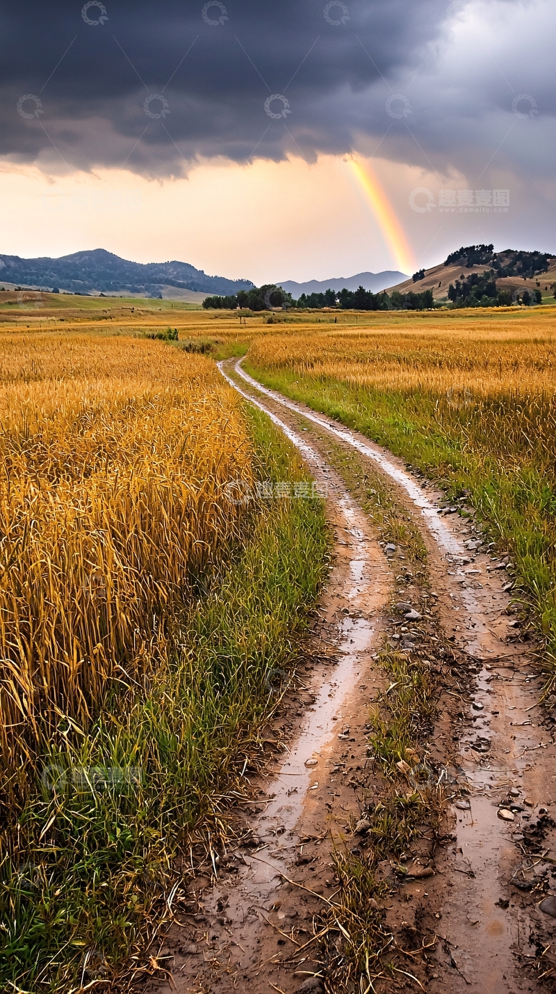 高清大图下载【趣麦麦图】彩虹田野泥泞小路