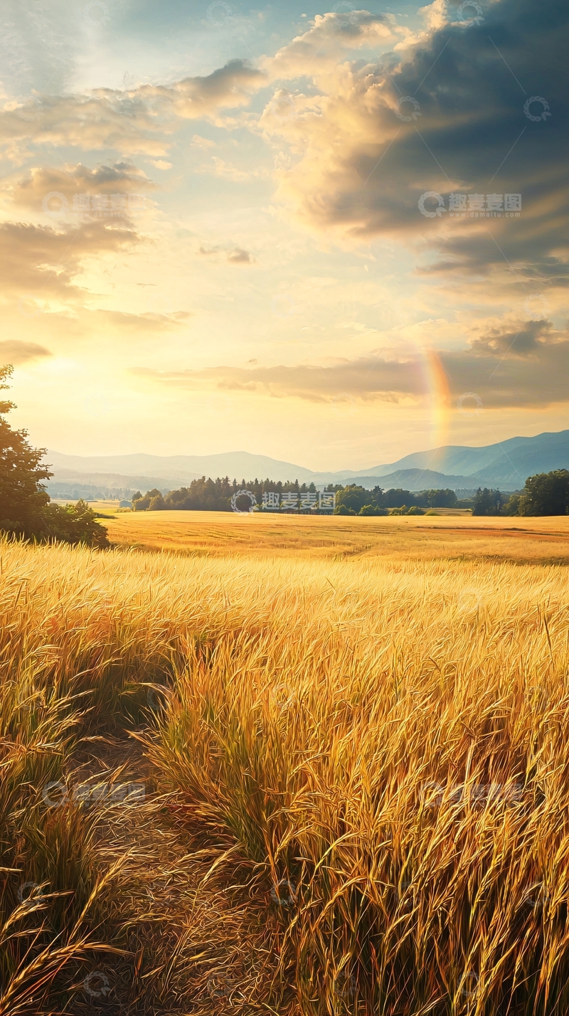 高清大图下载【趣麦麦图】夕阳下的麦田风景