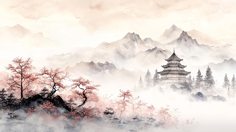 高清大图下载【趣麦麦图】秋日山间古塔图