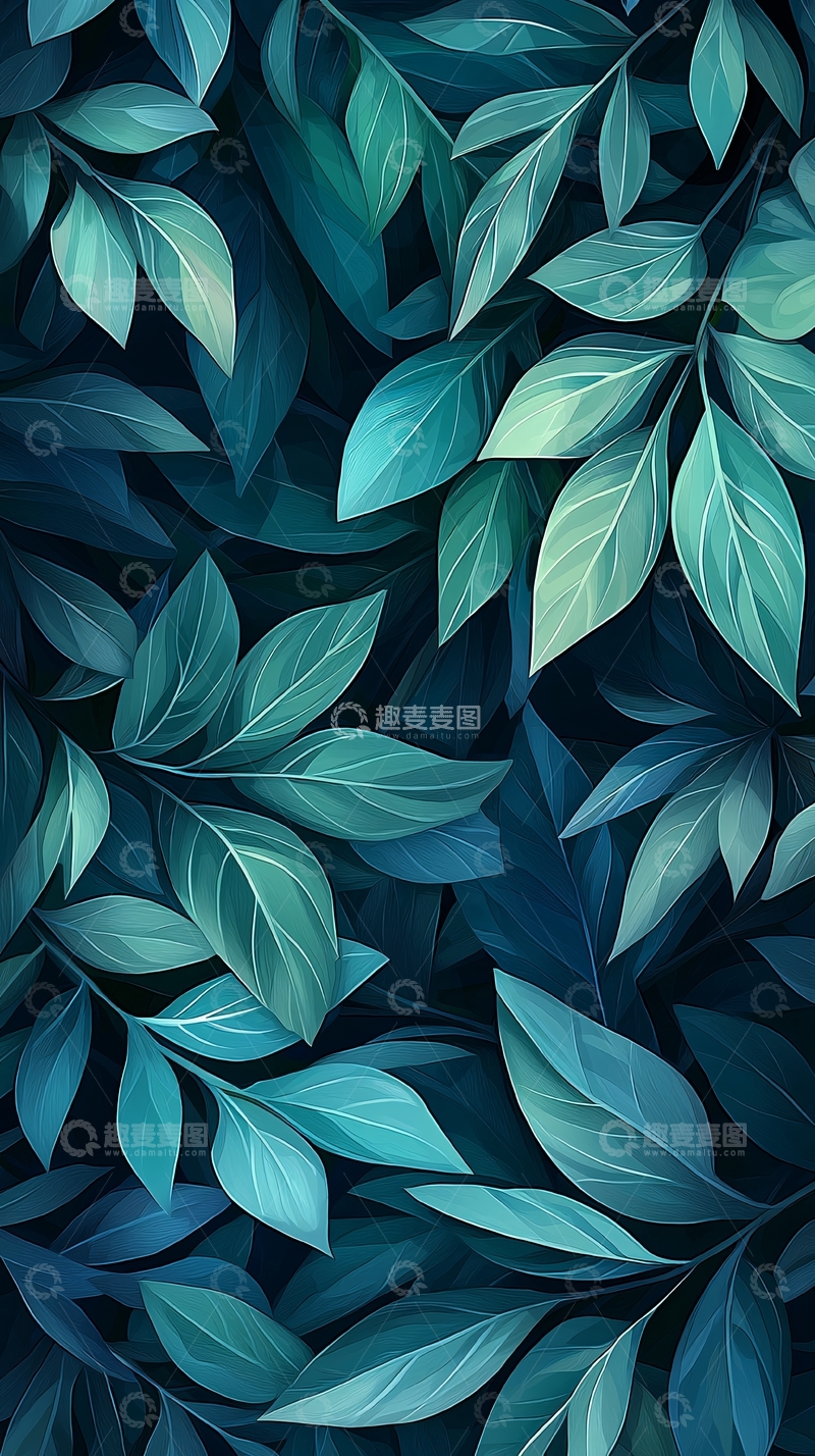 高清大图下载【趣麦麦图】深蓝背景下的绿叶图案