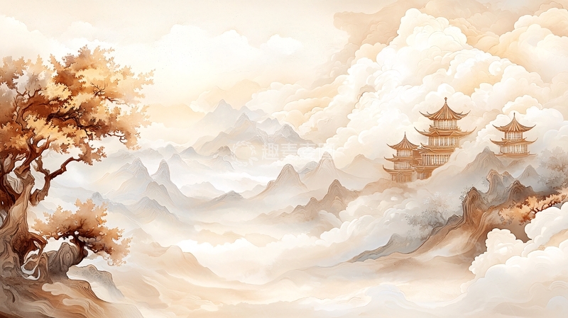 高清大图下载【趣麦麦图】云雾缭绕古建筑山水画