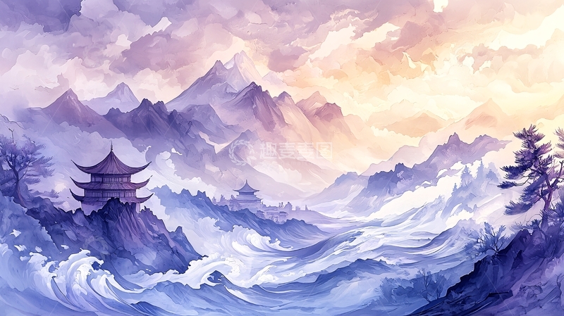 高清大图下载【趣麦麦图】梦幻山水画风建筑风景图