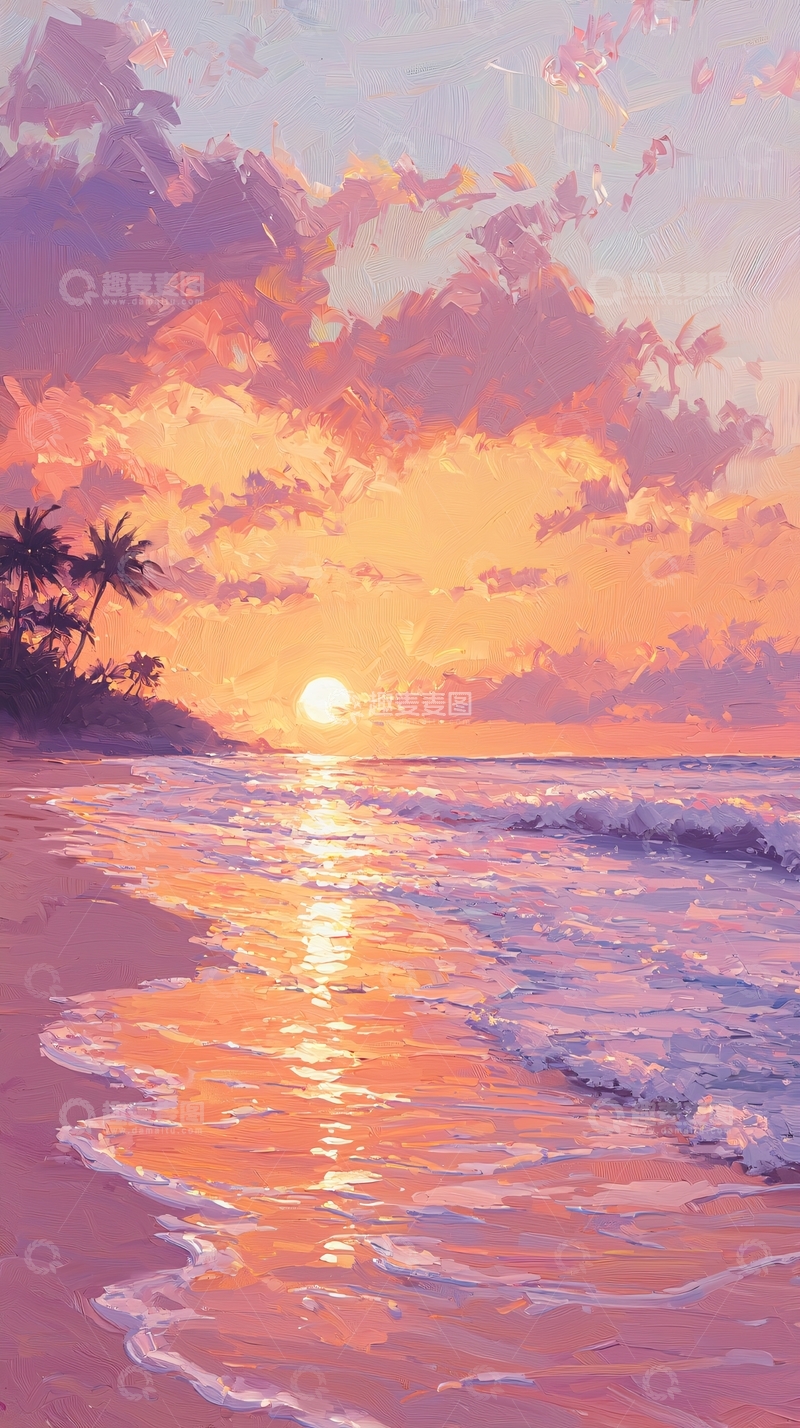 高清大图下载【趣麦麦图】日落海滩风景画