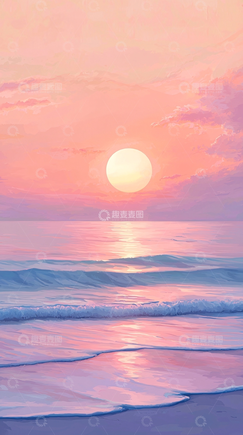 高清大图下载【趣麦麦图】日落海滩粉色梦幻风景
