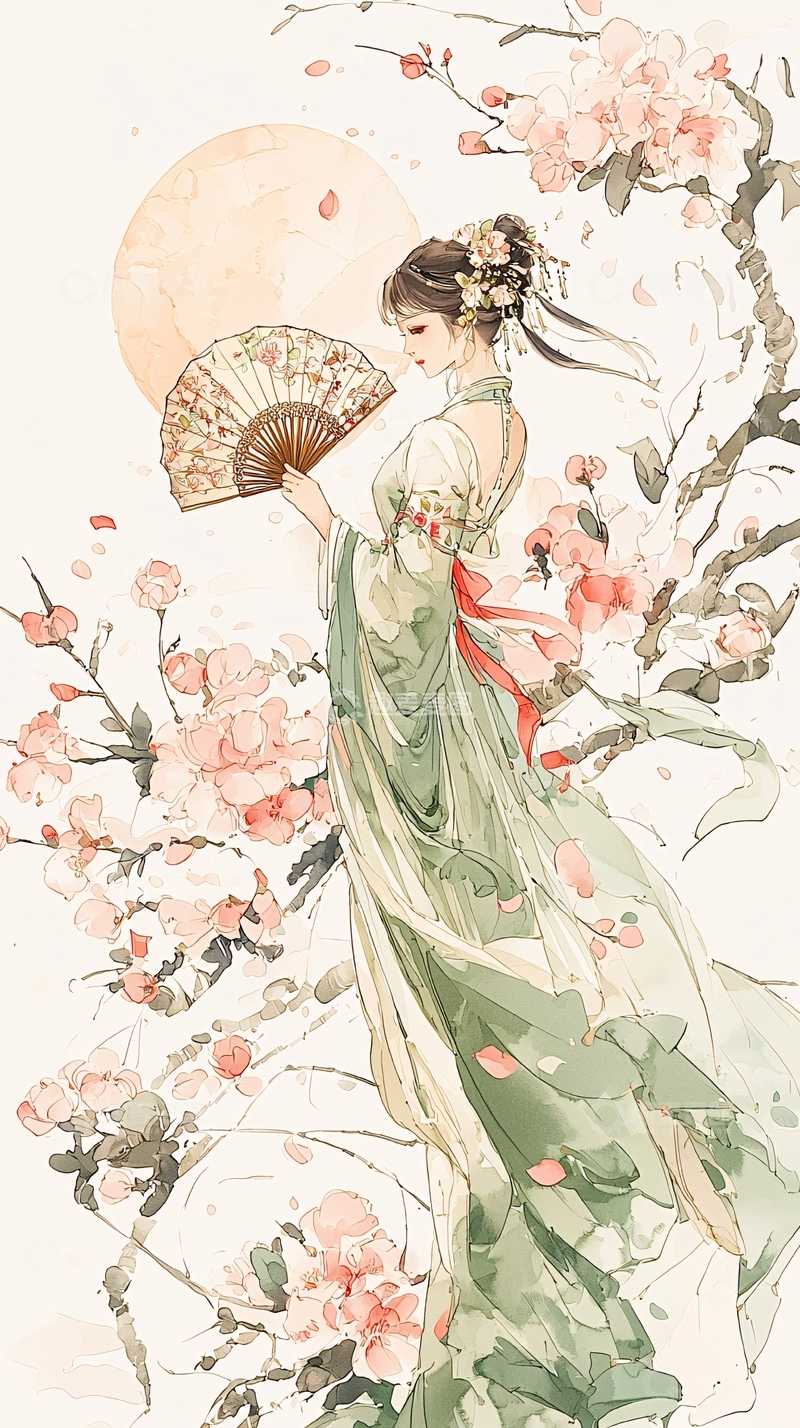 高清大图下载【趣麦麦图】古风仕女与樱花扇