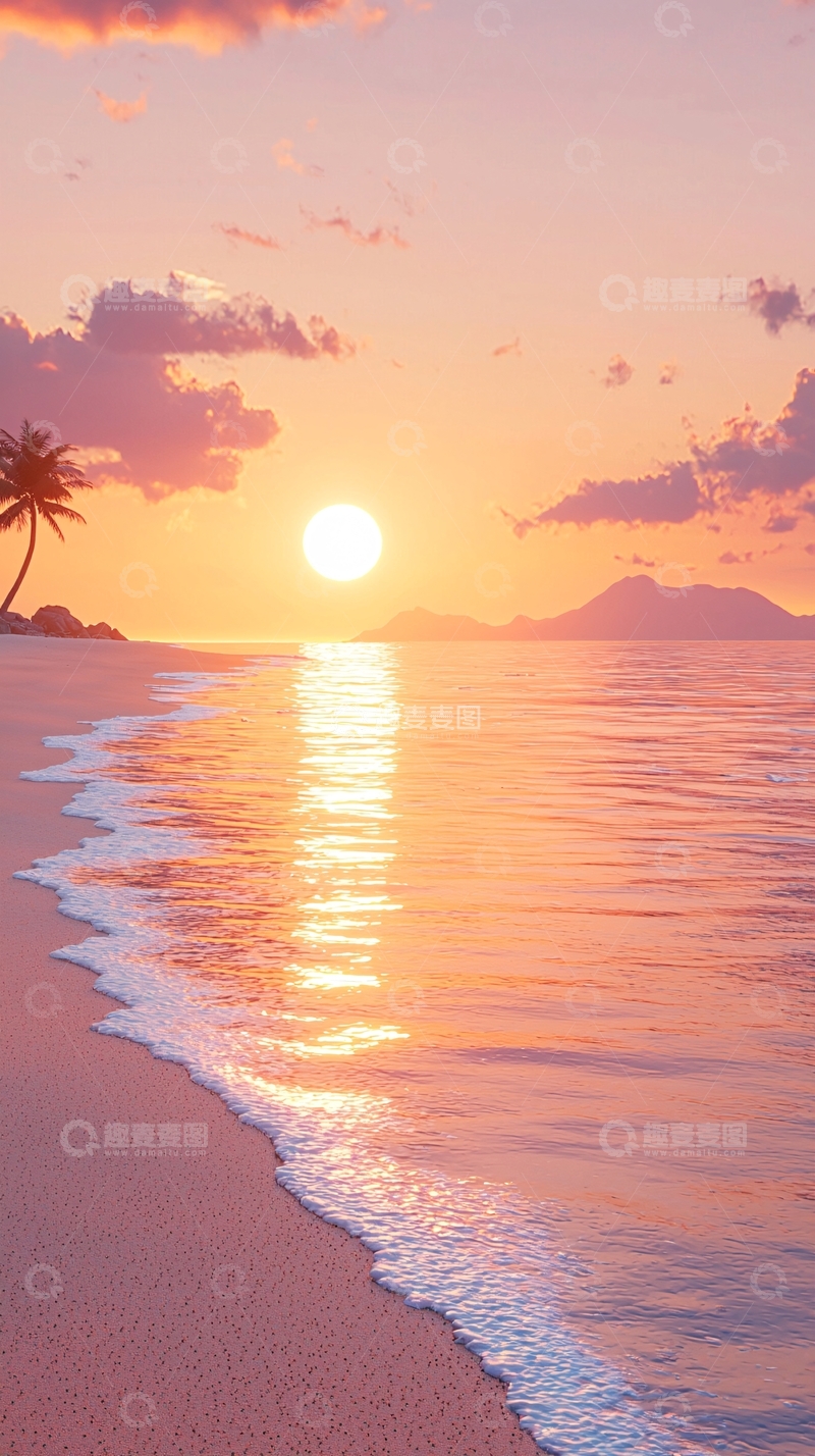 高清大图下载【趣麦麦图】夕阳海滩椰树风景