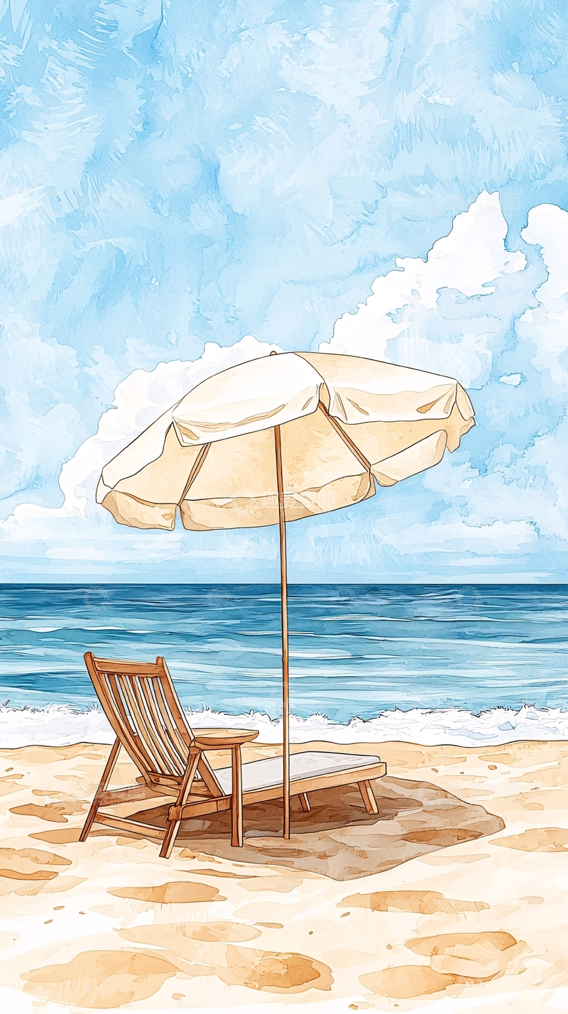 高清大图下载【趣麦麦图】海滩遮阳伞与躺椅