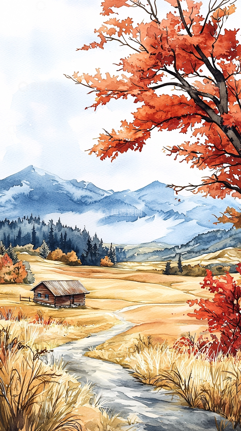 高清大图下载【趣麦麦图】秋日山间小屋风景图