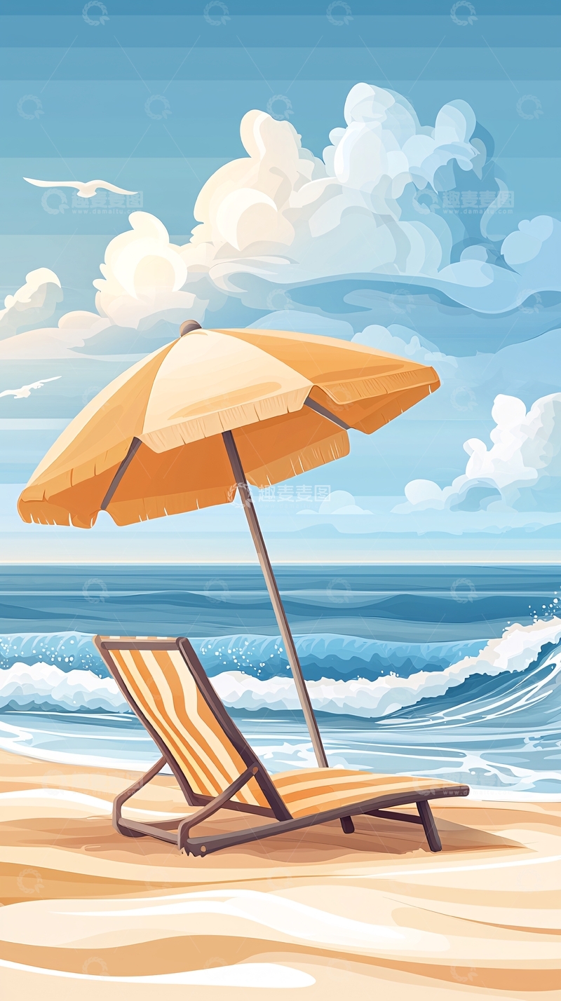 高清大图下载【趣麦麦图】海滩躺椅与遮阳伞