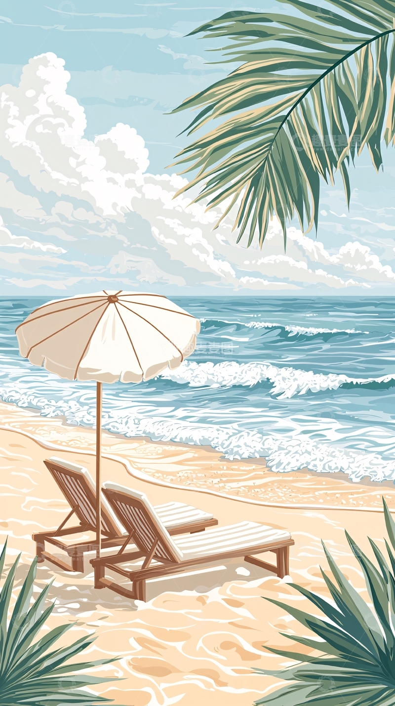高清大图下载【趣麦麦图】海滩躺椅与棕榈树下的宁静时光