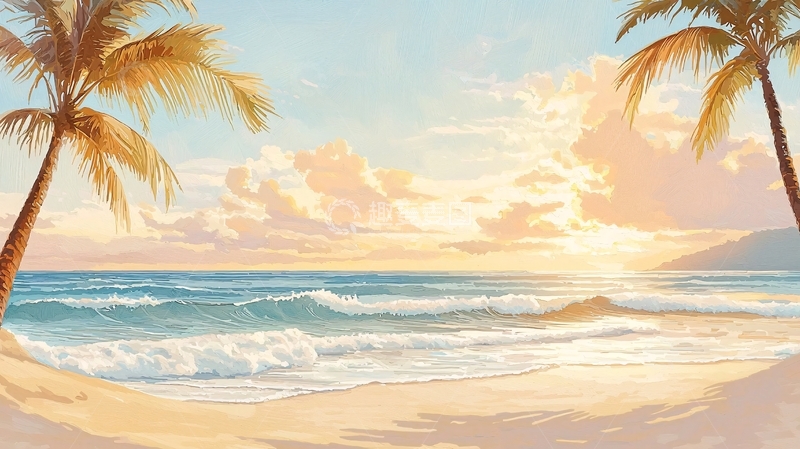 高清大图下载【趣麦麦图】热带海滩日落风景画
