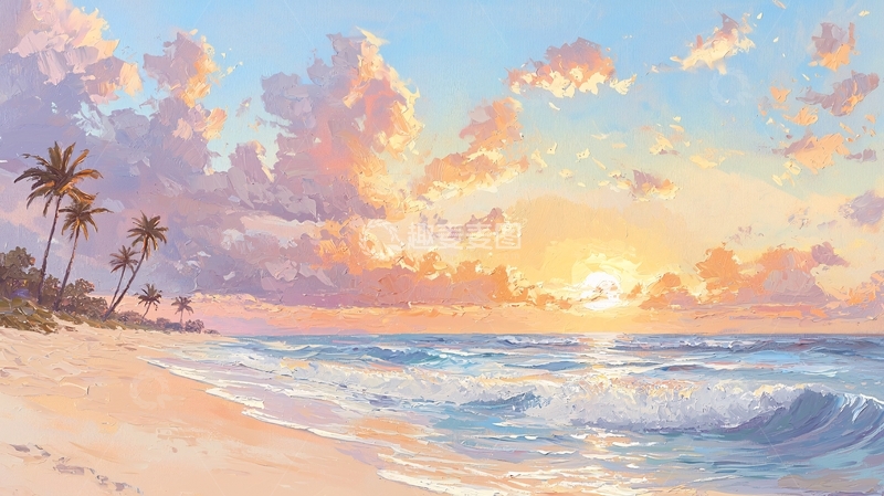高清大图下载【趣麦麦图】日落海滩椰树风景
